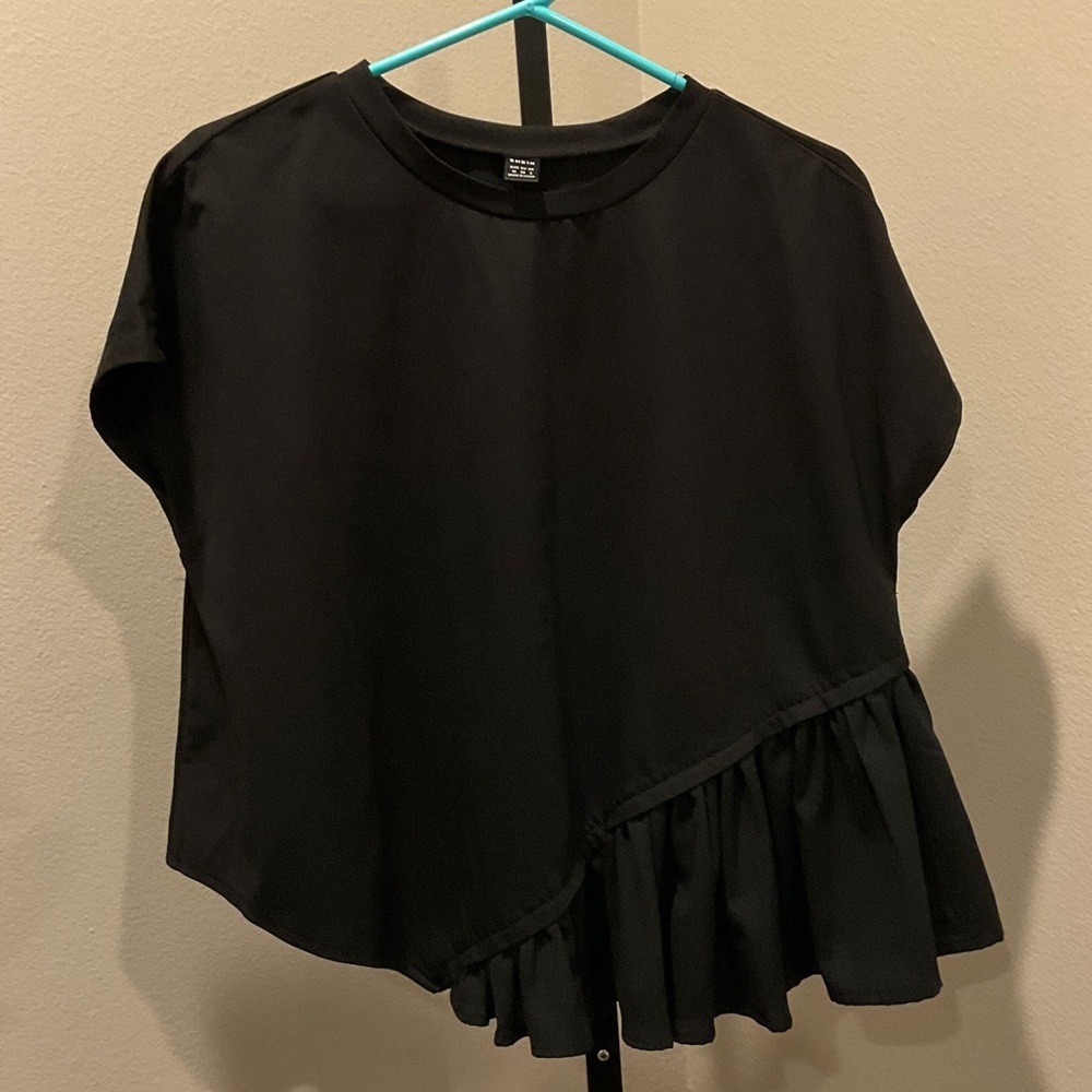 SHEIN Black Asymmetrical Ruffle Blouse NWOT